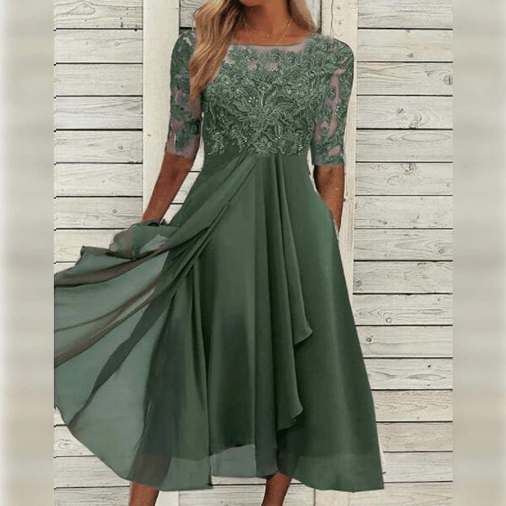 Clara – Dame halvlange ærmer kanten midi-kjole med chiffon volanter