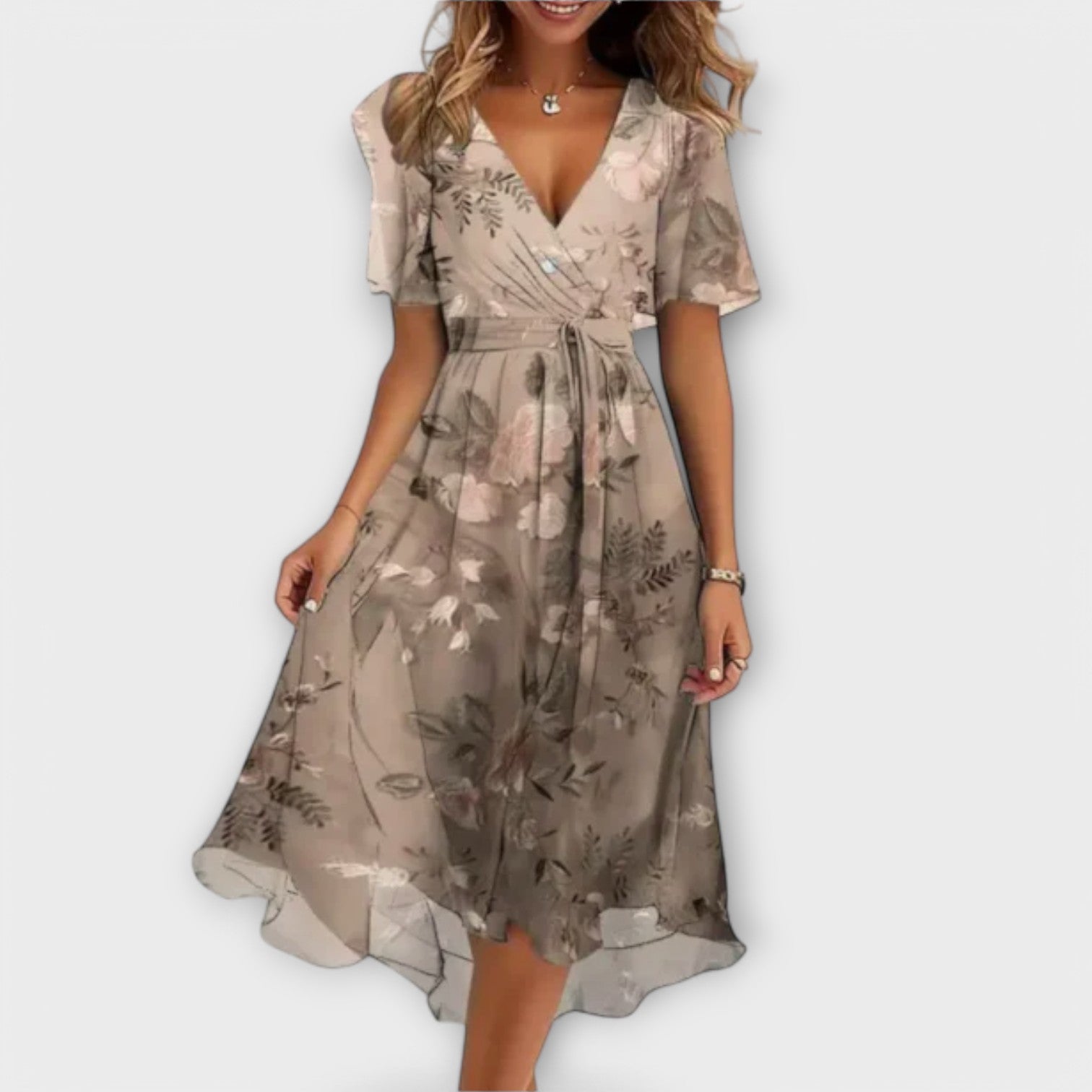Beryl | Elegant Blomstret V-Hals Midi Kjole